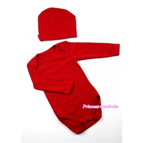 Plain Style Red Long Sleeve Baby Jumpsuit with Cap Set LH152 