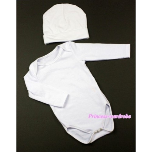 Plain Style White Long Sleeve Baby Jumpsuit with Cap Set LH153 