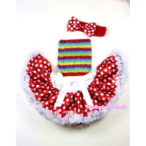Minnie Polka Dots Baby Pettiskirt,Passion Rainbow Crochet Tube Top,Red Headband Minnie Dots Bow 3PC Set CT459 