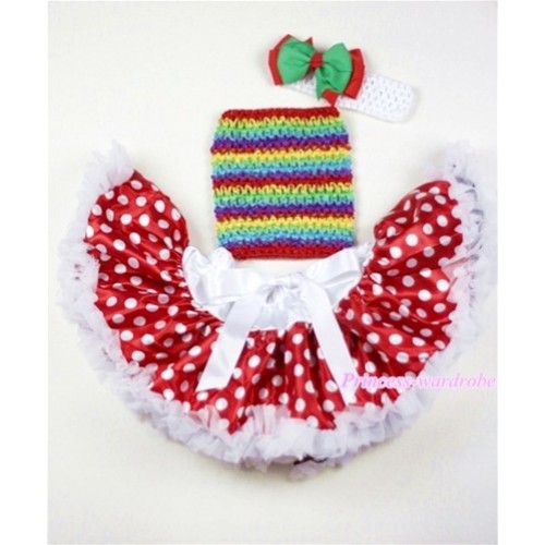 Minnie Polka Dots Baby Pettiskirt,Passion Rainbow Crochet Tube Top,White Headband Red Green Bow 3PC Set CT460 