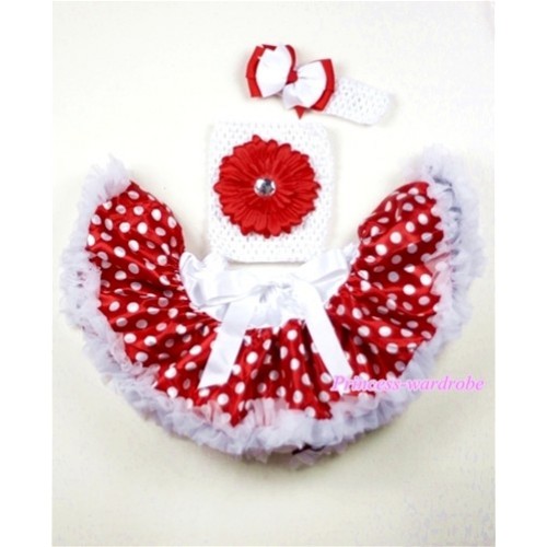 Minnie Polka Dots Baby Pettiskirt,Red Flower White Crochet Tube Top,White Headband Red White Bow 3PC Set CT461 