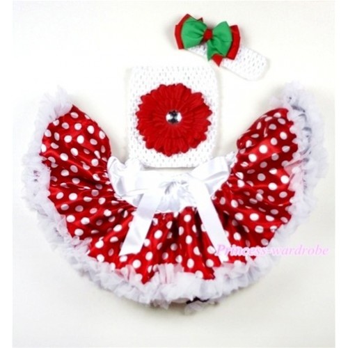 Minnie Polka Dots Baby Pettiskirt,Red Flower White Crochet Tube Top,White Headband Red Green Bow 3PC Set CT462 