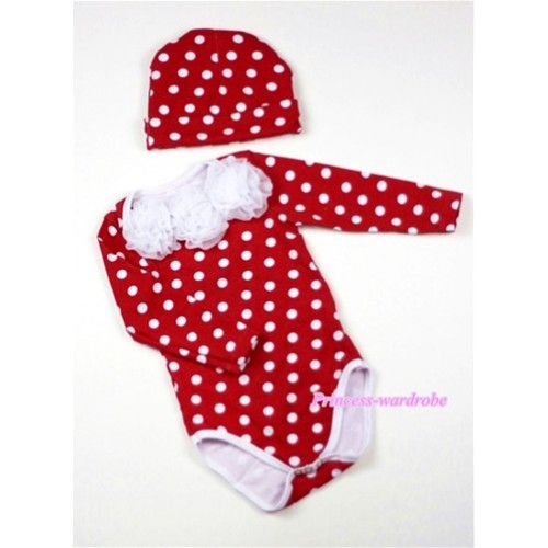 Minnie Polka Dots Long Sleeve Baby Jumpsuit with White Rosettes with Cap Set LH104 
