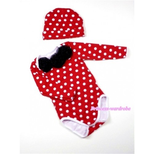 Minnie Polka Dots Long Sleeve Baby Jumpsuit with Black Rosettes with Cap Set LH106 