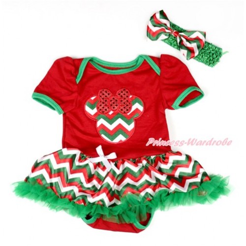 Xmas Red Baby Bodysuit Jumpsuit Red White Green Wave Pettiskirt With Red White Green Wave Minnie Print With Kelly Green Headband Red White Green Wave Satin Bow JS1916 