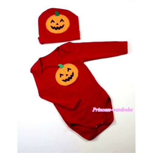Red Baby Long Sleeve Jumpsuit with Pumpkin Print with Cap Set LS52 