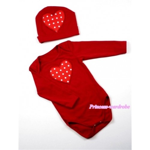 Hot Red Long Sleeve Baby Jumpsuit with Red White Polka Dots Heart Print with Cap Set LS53 