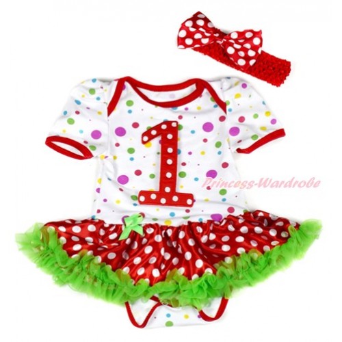 White Rainbow Dots Baby Jumpsuit Dark Green Minnie Dots Pettiskirt With 1st Red White Dots Birthday Number Print With Red Headband Minnie Dots Satin Bow JS1933 