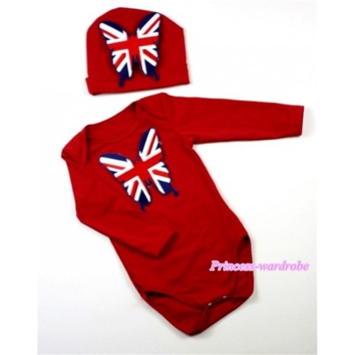 Hot Red Long Sleeve Baby Jumpsuit with British Flag Butterfly Print with Cap Set LS55 
