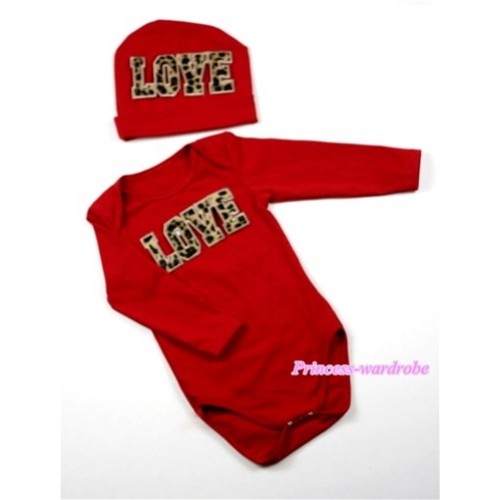 Hot Red Long Sleeve Baby Jumpsuit with Leopard Love Print with Cap Set LS56 