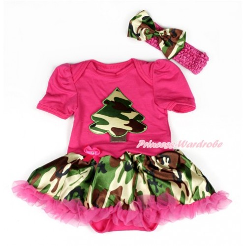 Hot Pink Baby Bodysuit Jumpsuit Hot Pink Camouflage Pettiskirt With Camouflage Tree Print With Hot Pink Headband Camouflage Satin Bow JS1934 