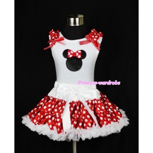 White Tank Top with Minnie Print with Minnie Dots Ruffles Minnie Dots Ribbon & White Minnie Polka Dots Pettiskirt MG301 
