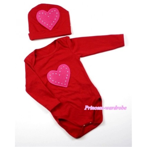Hot Red Long Sleeve Baby Jumpsuit with Hot Pink Heart Print with Cap Set LS63 