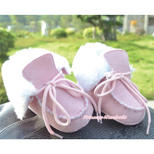 Light Pink Shoelace White Fur Newborn Toddler Baby Crib Boots SB36 
