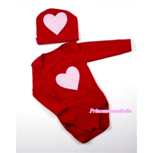 Hot Red Long Sleeve Baby Jumpsuit with Light Pink Heart Print with Cap Set LS64 