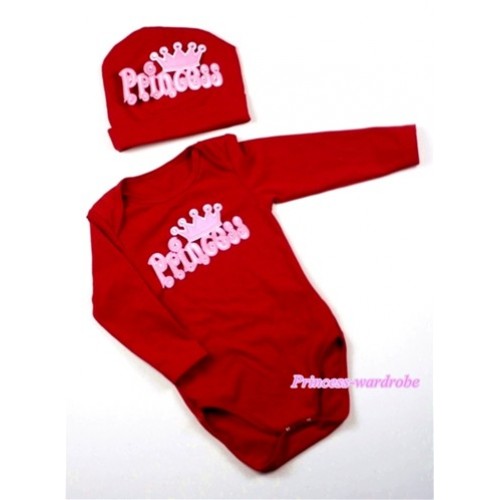 Hot Red Long Sleeve Baby Jumpsuit with Princess Print with Cap Set LS65 