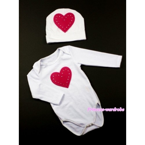 White Long Sleeve Baby Jumpsuit with Hot Pink Heart Print with Cap Set LS66 