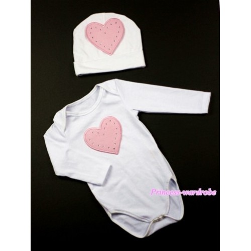 White Long Sleeve Baby Jumpsuit with Light Pink Heart Print with Cap Set LS67 