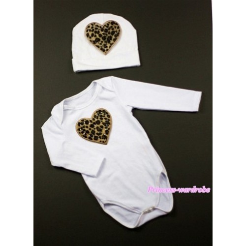 White Long Sleeve Baby Jumpsuit with Leopard Heart Print with Cap Set LS70 