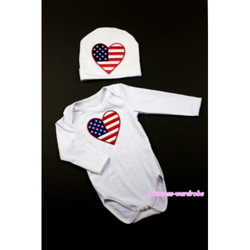 White Long Sleeve Baby Jumpsuit with American Flag Heart Print with Cap Set LS77 