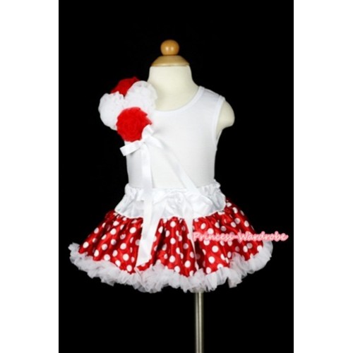 White Baby Pettitop with a Bunch of White Red Rosettes & White Ribbon with White Minnie Polka Dots Newborn Pettiskirt NG418 