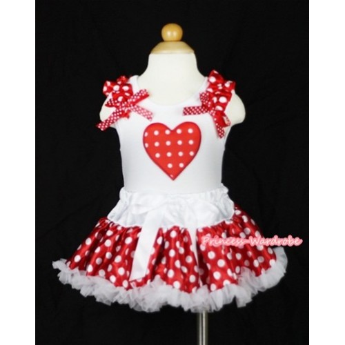 White Baby Pettitop with Red White Polka Dots Heart Print with Minnie Ruffles & Minnie Bows & White Minnie Polka Dots Newborn Pettiskirt NN04 