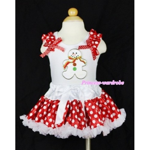 White Baby Pettitop with Christmas Gingerbread Snowman Print with Minnie Ruffles & Minnie Bows & White Minnie Polka Dots Newborn Pettiskirt NN06 