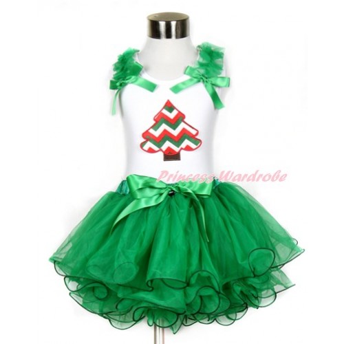 Xmas White Baby Pettitop with Red White Green Wave Christmas Tree Print with Kelly Green Ruffles & Kelly Green Bow with Kelly Green Bow Kelly Green Petal Newborn Pettiskirt NN67 