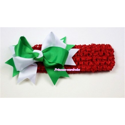 Red Headband with Green White Ribbon Hair Bow Clip H407 