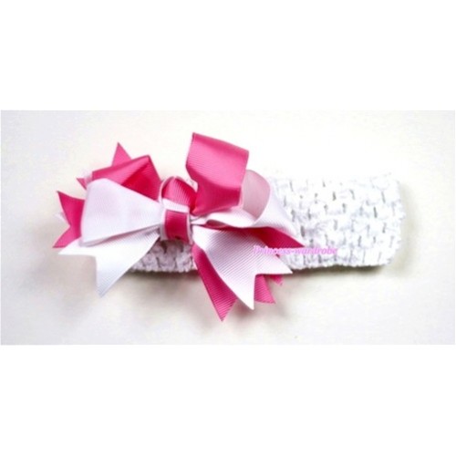 White Headband with Hot Light Pink Ribbon Hair Bow Clip H412 