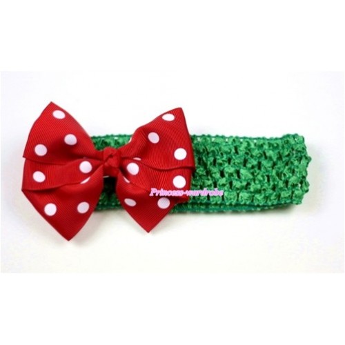 Green Headband with Red White Polka Dots Ribbon Hair Bow Clip H415 