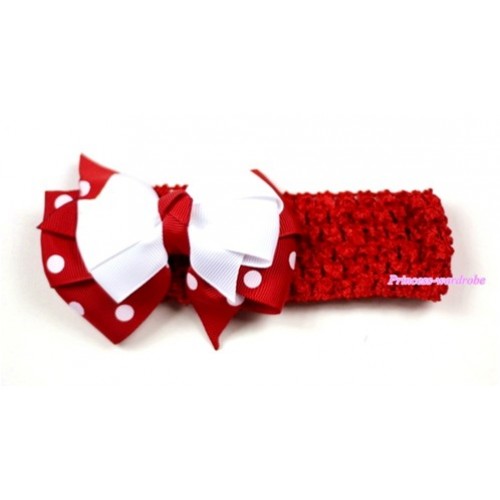 Red Headband with Red White Polka Dots mix White Ribbon Hair Bow Clip H424 