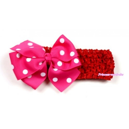 Red Headband with Hot Pink White Polka Dots Ribbon Hair Bow Clip H427 