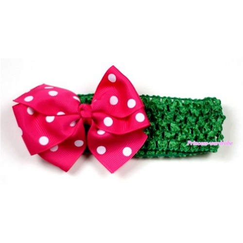 Green Headband with Hot Pink White Polka Dots Ribbon Hair Bow Clip H428 