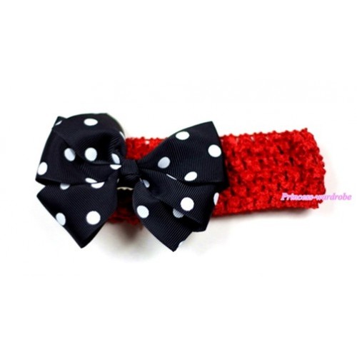 Red Headband with Black White Polka Dots Ribbon Hair Bow Clip H431 