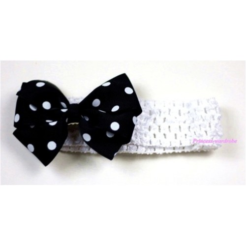 White Headband with Black White Polka Dots Ribbon Hair Bow Clip H433 