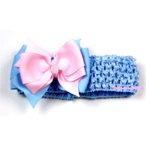 Light Blue Headband with Light Blue Light Pink Ribbon Hair Bow Clip H435 