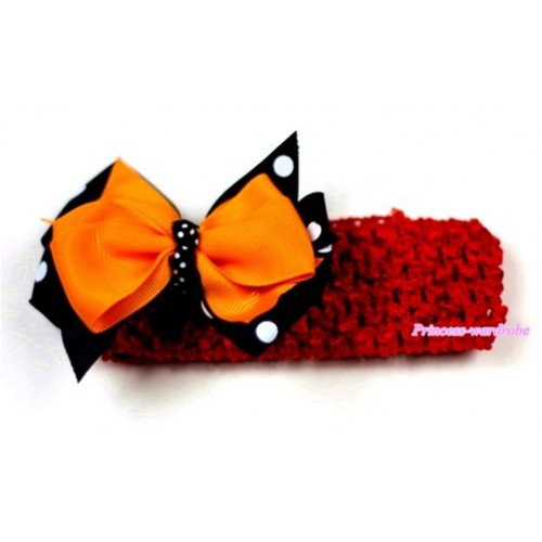 Red Headband with Black White Polka Dots mix Orange Ribbon Hair Bow Clip H436 