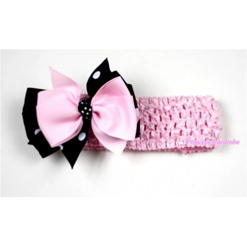 Light Pink Headband with Black White Polka Dots mix Light Pink Ribbon Hair Bow Clip H440 