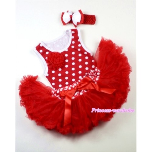 Minnie Newborn Pettitop with a Red Rose with Minnie Waist Red Newborn Pettiskirt & Red Headband Red White Bow CM11 
