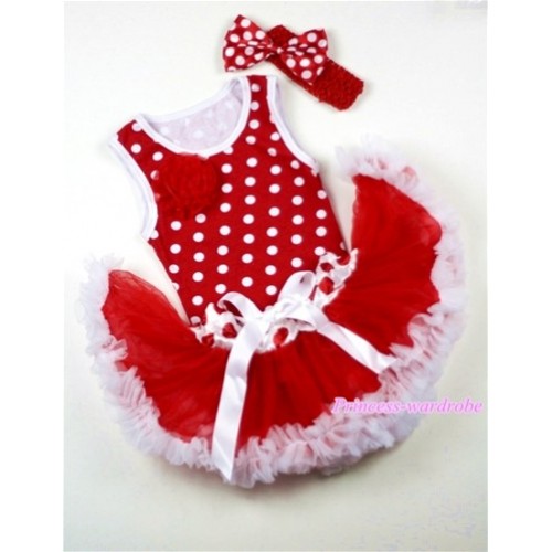 Minnie Newborn Pettitop with a Red Rose with Red White Mix Newborn Pettiskirt & Red Headband Minnie Dots Bow CM12 