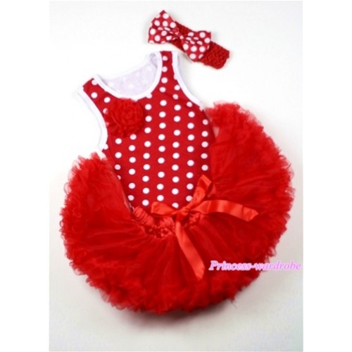 Minnie Newborn Pettitop with a Red Rose with Red Newborn Pettiskirt & Red Headband Minnie Dots Bow CM13 