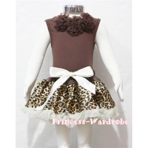Brown Baby Pettitop & Brown Rosettes with Cream White Leopard Baby Pettiskirt BG24 