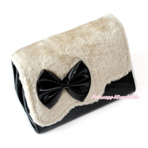Cream White Soft Faux Fur Black Bow Little Cute Handbag Petti Bag Purse With Strap CB133 