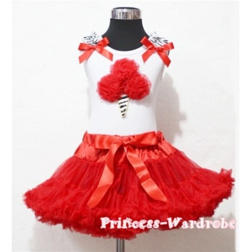 Red Pettiskirt With Red Rosettes Zebra Ice Cream White Tank Top with Zebra Ruffles&Red Bow MT01 