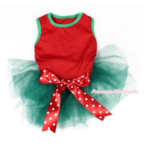 Xmas Hot Red Sleeveless Teal Green Gauze Skirt With Red White Polka Dots Bow Pet Dress DC044 