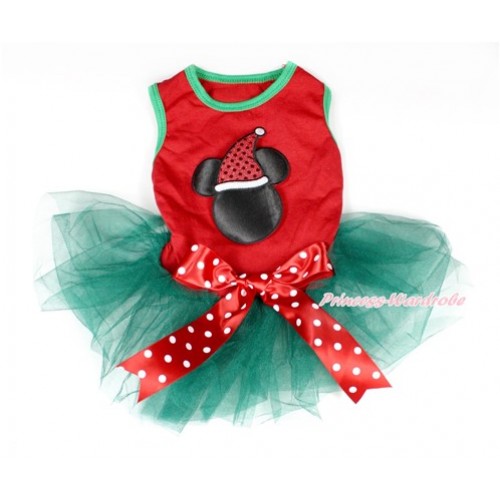 Xmas Red Sleeveless Teal Green Gauze Skirt With Christmas Minnie Print With Red White Polka Dots Bow Pet Dress DC045 