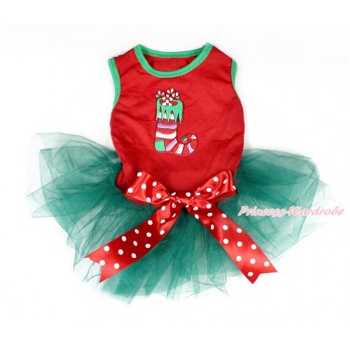 Xmas Red Sleeveless Teal Green Gauze Skirt With Christmas Stocking Print With Red White Polka Dots Bow Pet Dress DC046 