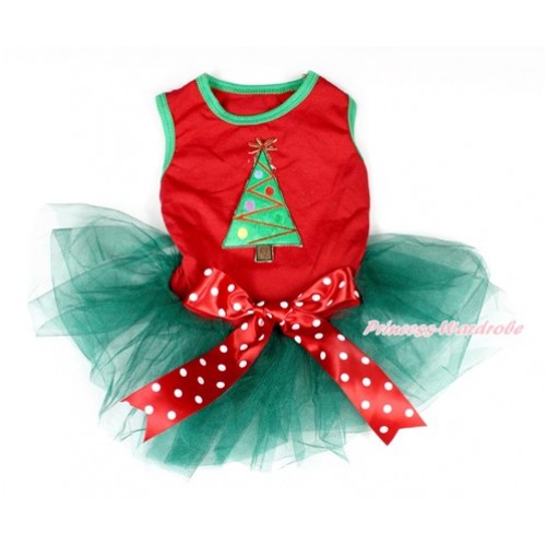 Xmas Red Sleeveless Teal Green Gauze Skirt With Christmas Tree Print With Red White Polka Dots Bow Pet Dress DC048 