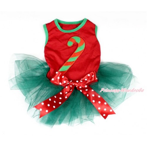 Xmas Red Sleeveless Teal Green Gauze Skirt With Christmas Stick Print With Red White Polka Dots Bow Pet Dress DC049 